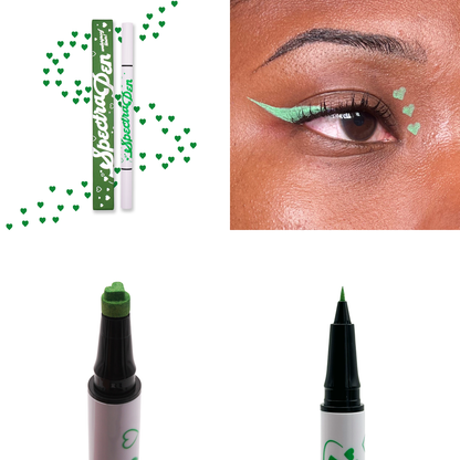Green heart stamp Spectra Pen with green hearts, the liner worn on the eye, and close-ups of the heart stamp and liner tips