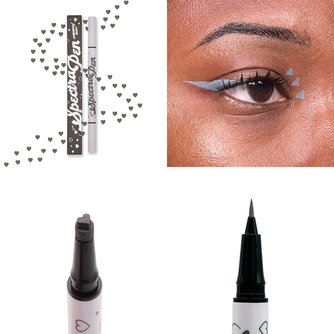Grey heart stamp Spectra Pen with grey hearts, the liner worn on the eye, and close-ups of the heart stamp and liner tips