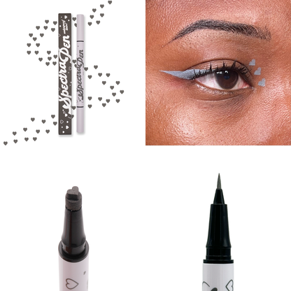 Grey heart stamp Spectra Pen with grey hearts, the liner worn on the eye, and close-ups of the heart stamp and liner tips