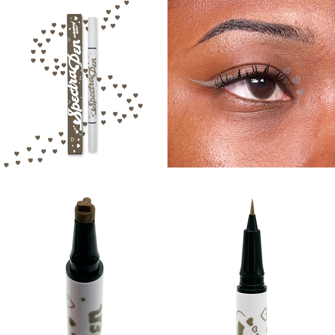 Light Brown heart stamp Spectra Pen with light brown hearts, the liner worn on the eye, and close-ups of the heart stamp and liner tips
