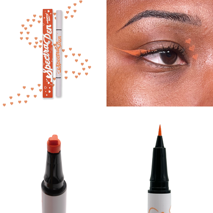Orange heart stamp Spectra Pen with orange hearts, the liner worn on the eye, and close-ups of the heart stamp and liner tips