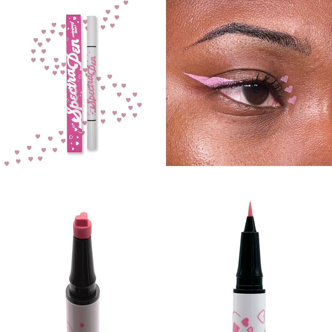 Pink heart stamp Spectra Pen with pink hearts, the liner worn on the eye, and close-ups of the heart stamp and liner tips