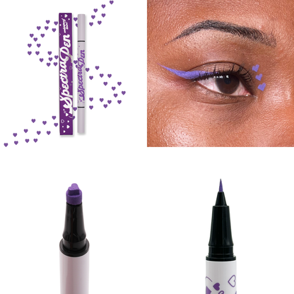 Purple heart stamp Spectra Pen with purple hearts, the liner worn on the eye, and close-ups of the heart stamp and liner tips
