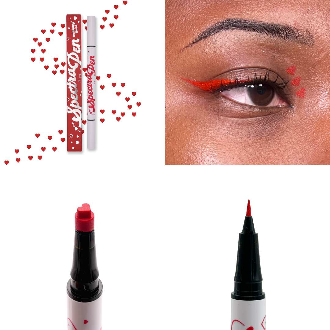 Red heart stamp Spectra Pen with red hearts, the liner worn on the eye, and close-ups of the heart stamp and liner tips