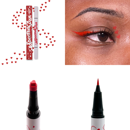Red heart stamp Spectra Pen with red hearts, the liner worn on the eye, and close-ups of the heart stamp and liner tips