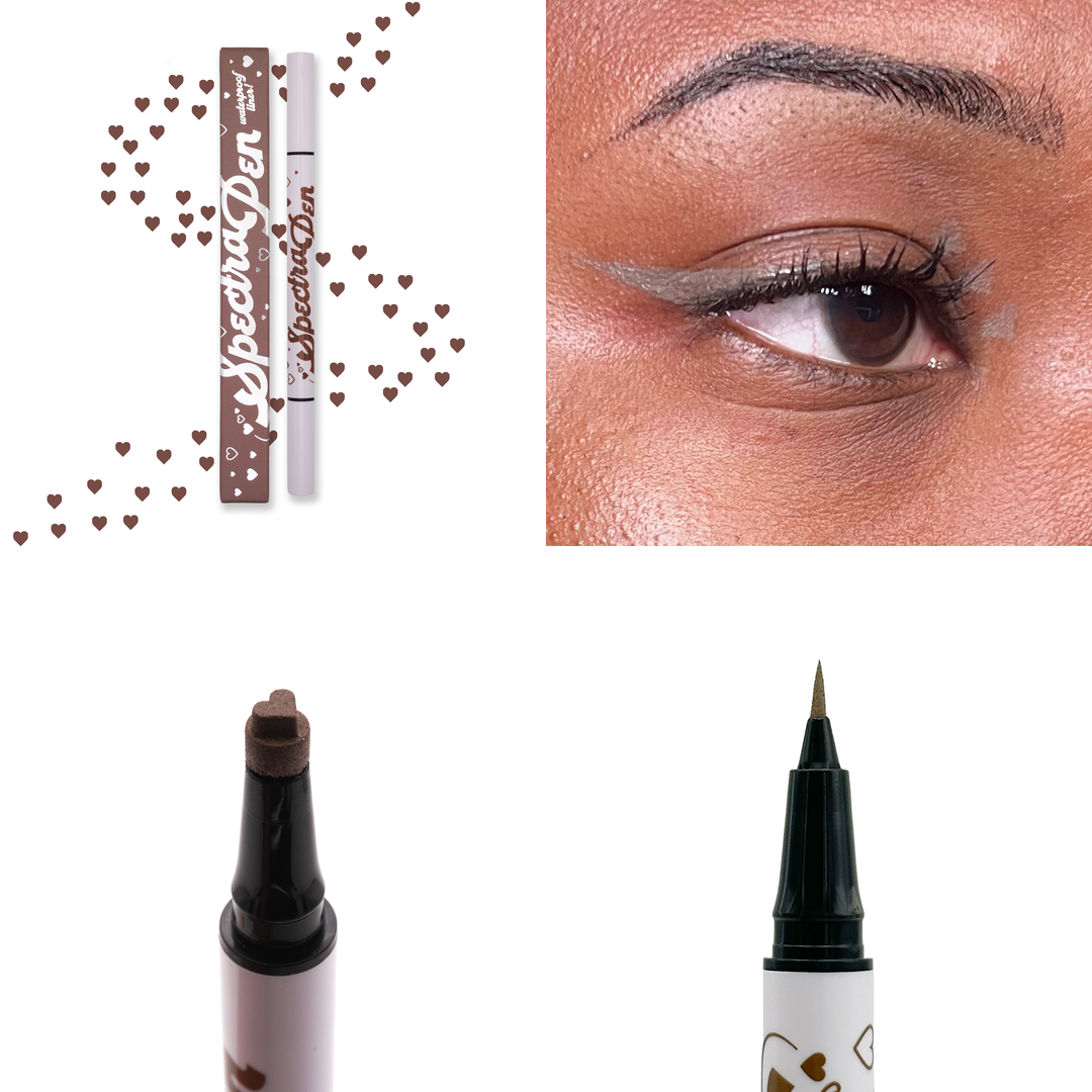 Taupe heart stamp Spectra Pen with taupe hearts, the liner worn on the eye, and close-ups of the heart stamp and liner tips