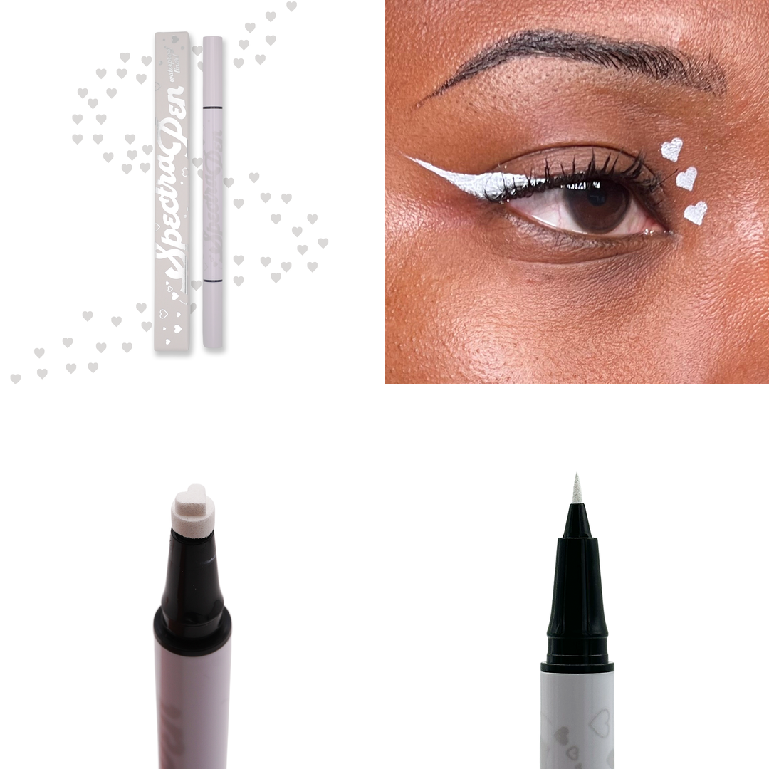 White heart stamp Spectra Pen with white hearts, the liner worn on the eye, and close-ups of the heart stamp and liner tips