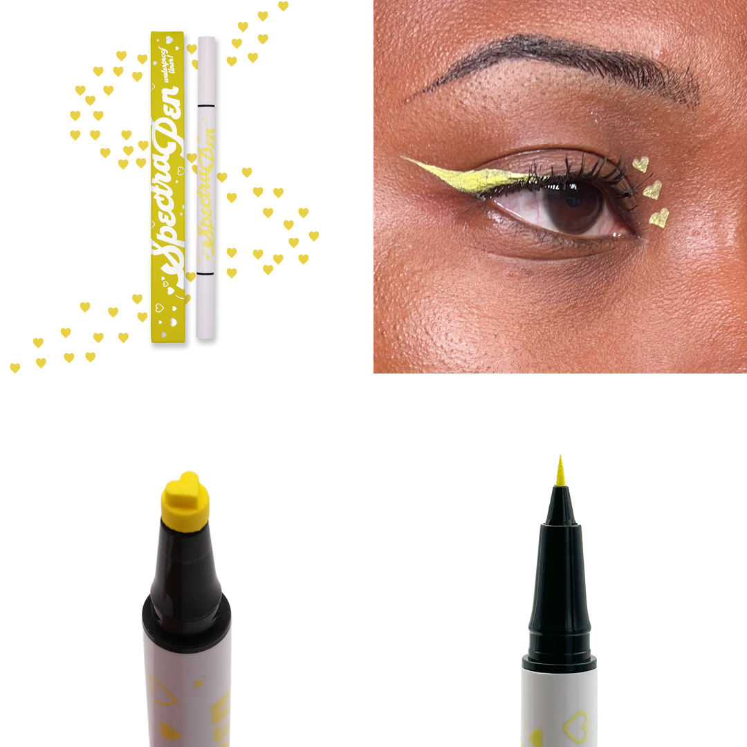 Yellow heart stamp Spectra Pen with yellow hearts, the liner worn on the eye, and close-ups of the heart stamp and liner tips