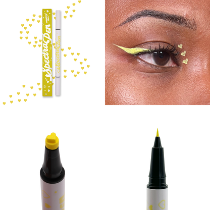 Yellow heart stamp Spectra Pen with yellow hearts, the liner worn on the eye, and close-ups of the heart stamp and liner tips