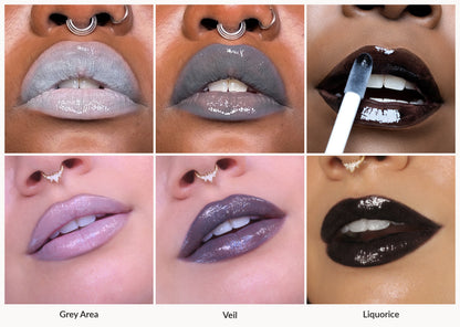 Glis Gloss lip swatches by Glisten Cosmetics: Grey Area, Veil, and Liquorice across deep and light skin tones in a 2x3 grid labelled by shade.