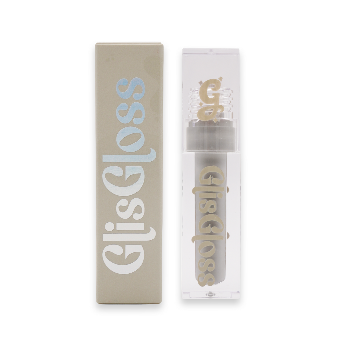 Grey Area Glis Gloss tube: light grey lip gloss visible through the clear chamber, paired with a beige outer box and cream GlisGloss lettering