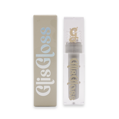 Grey Area Glis Gloss tube: light grey lip gloss visible through the clear chamber, paired with a beige outer box and cream GlisGloss lettering