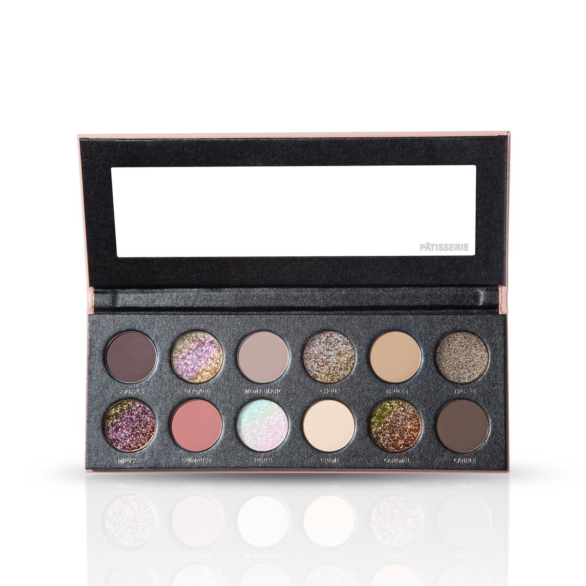 Kryptein Cosmetics Pâtisserie eyeshadow palette open on white, 12 labelled pans in two rows of mattes and multicoloured sparkle shades