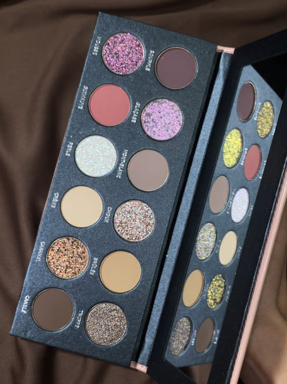 Close-up of the 12 Pâtisserie pans on brown satin, shade names printed beside each one