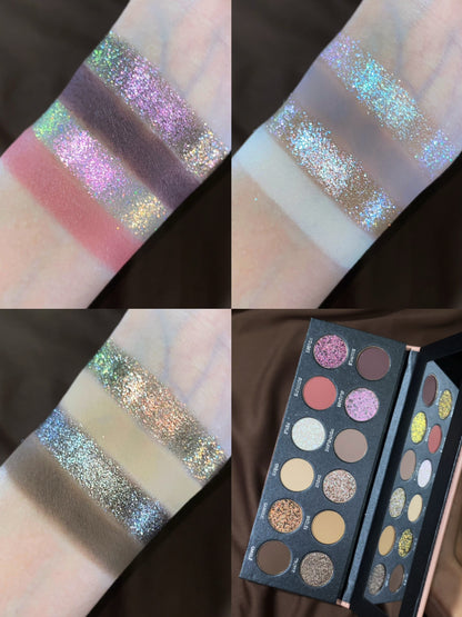 Four-panel grid of Pâtisserie arm swatches from different angles, with the open palette in one corner