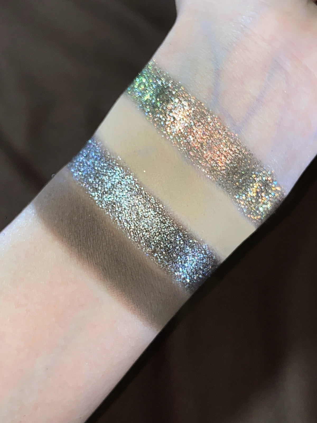 Close-up swatches: pale beige and taupe mattes with copper-gold and icy silver sparkle shades