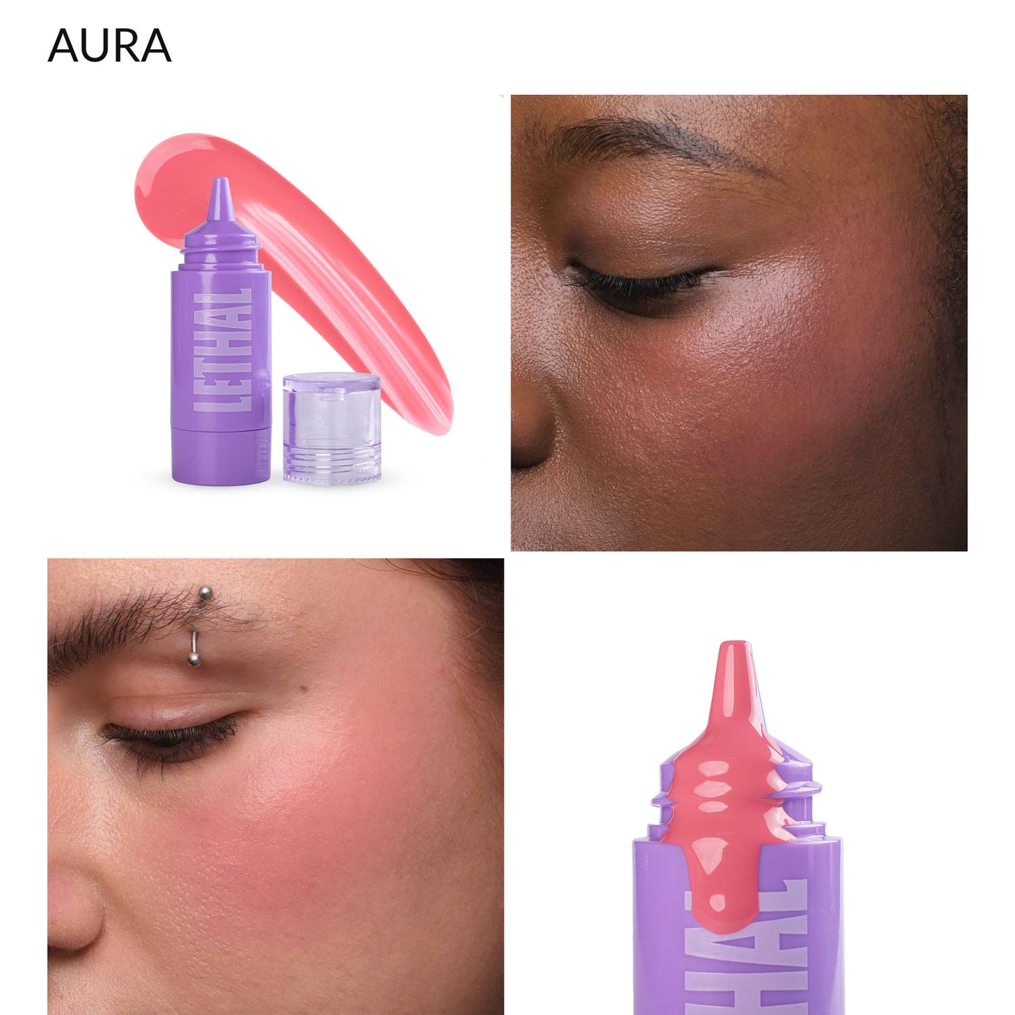Lethal Dew Drip liquid blush in Aura, warm pink swatches on two skin tones with the purple squeeze bottle and applicator tip