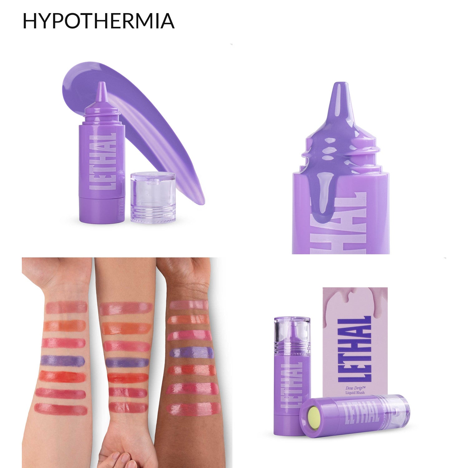 Hypothermia lavender liquid blush bottle, applicator tip, the seven-shade arm swatch chart and the boxed product