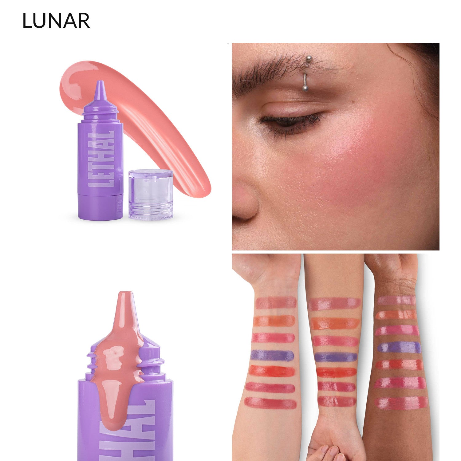 Lunar dusty rose liquid blush, bottle and cheek swatch alongside the seven-shade arm swatch chart