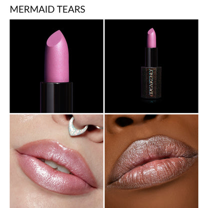 Mermaid Tears lavender frost lipstick: bullet close-up, full tube, and the shade worn on lips on two skin tones