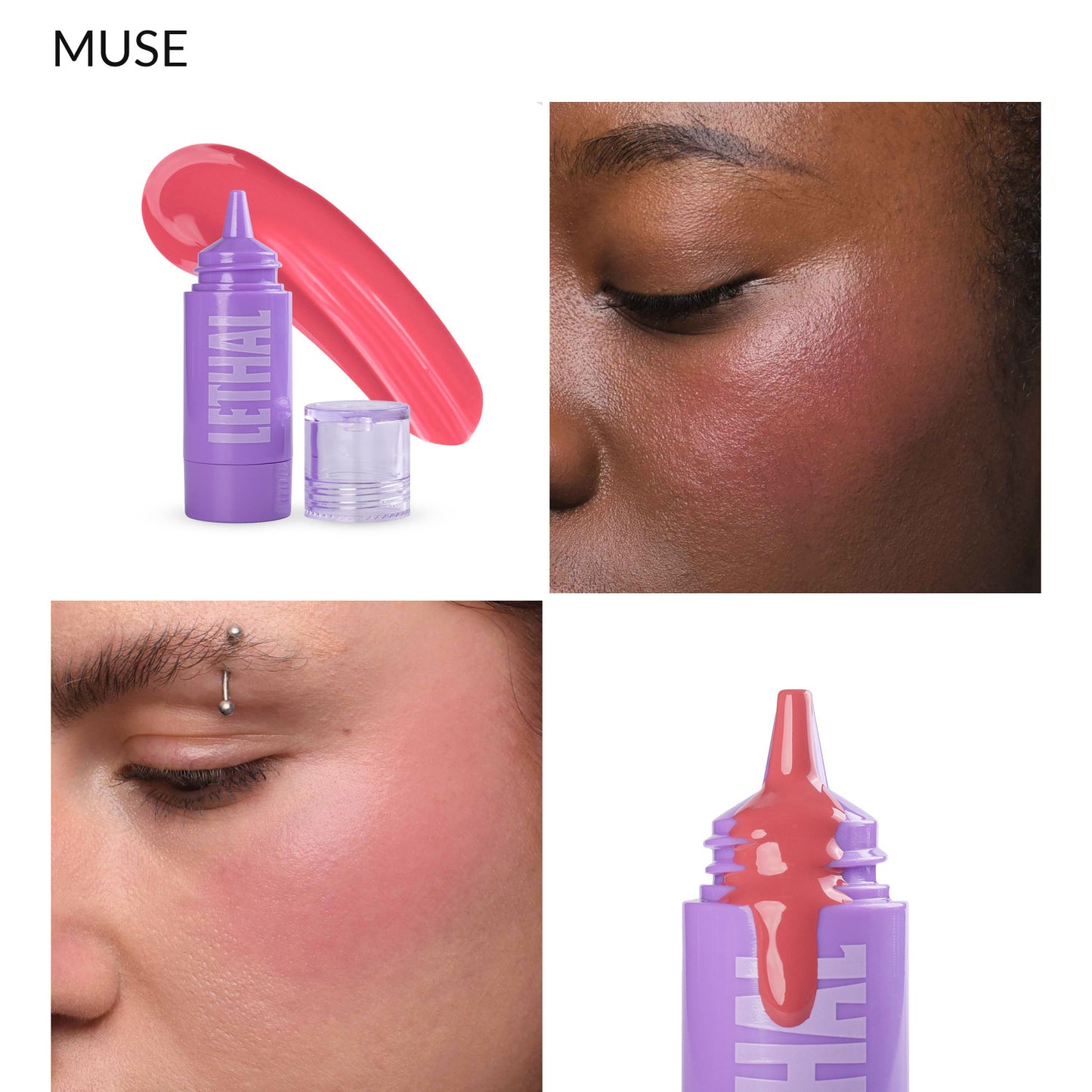 Muse toasted mauve liquid blush, bottle with cheek swatches on two skin tones and the applicator tip