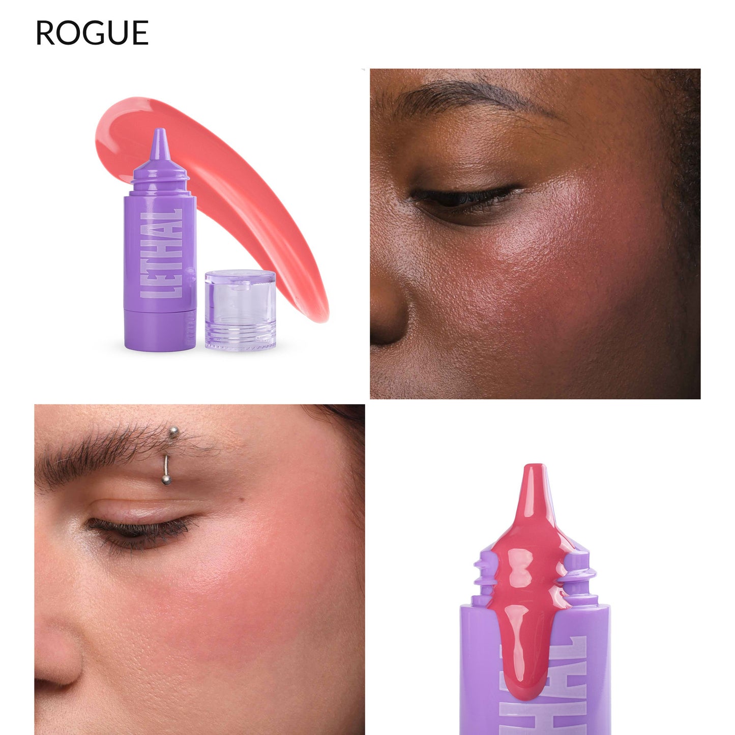 Rogue berry liquid blush, bottle with cheek swatches on two skin tones and the applicator tip