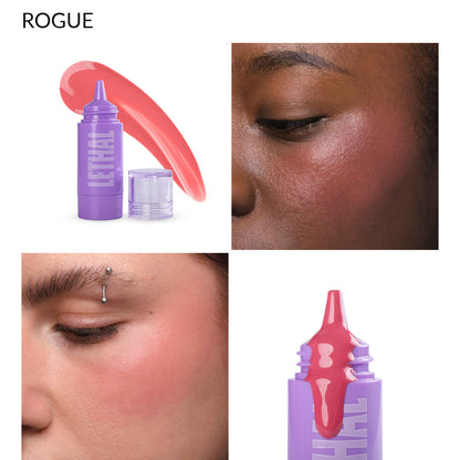 Rogue berry liquid blush, bottle with cheek swatches on two skin tones and the applicator tip