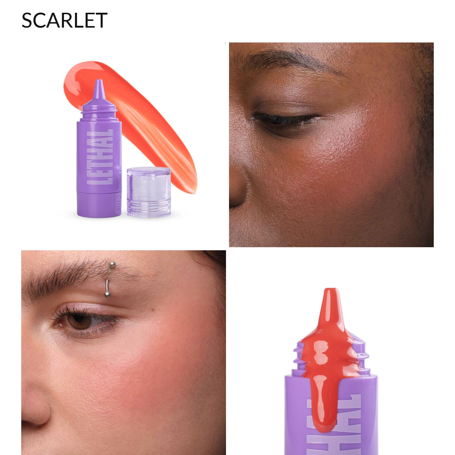 Scarlet orangey coral liquid blush, bottle with cheek swatches on two skin tones and the applicator tip