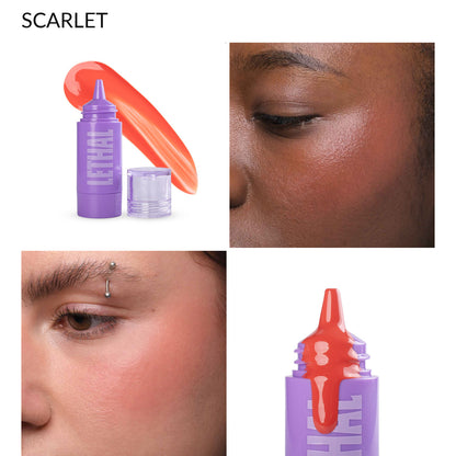 Scarlet orangey coral liquid blush, bottle with cheek swatches on two skin tones and the applicator tip