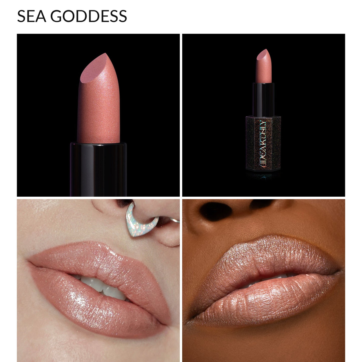 Sea Goddess shimmering nude lipstick: bullet close-up, full tube, and the shade worn on lips on two skin tones