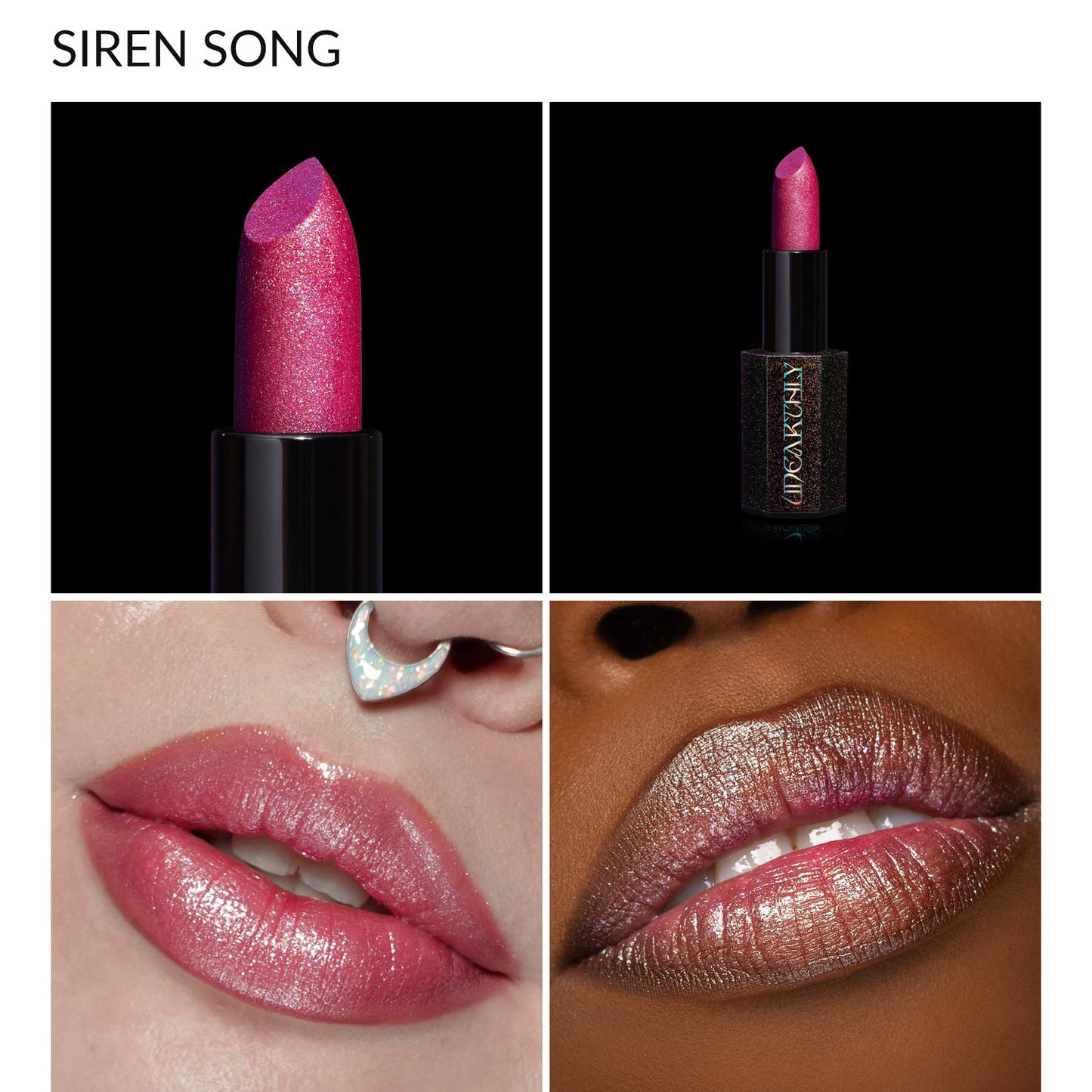 Siren Song sparkling pink lipstick: bullet close-up, full tube, and the shade worn on lips on two skin tones
