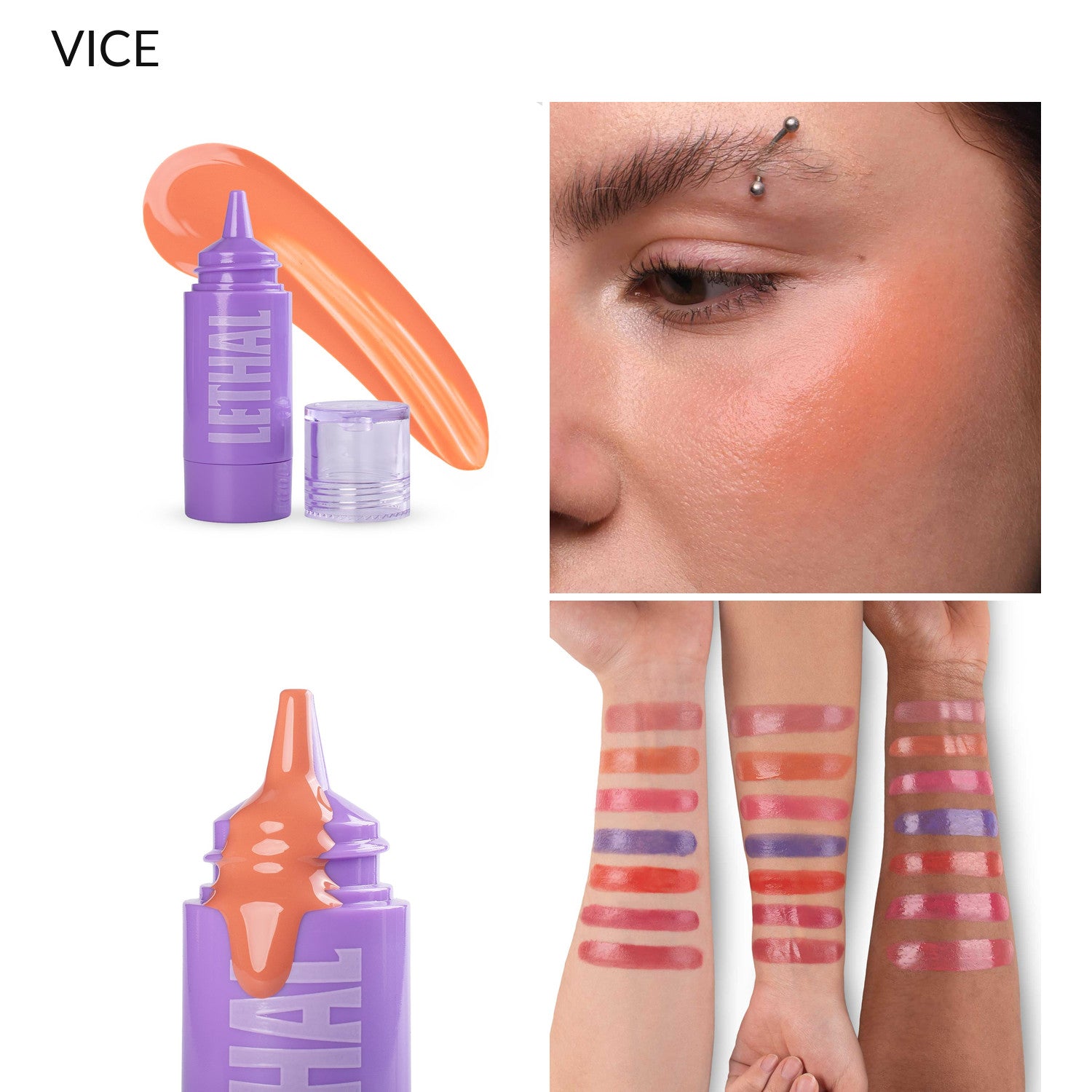 Vice peach liquid blush, bottle and cheek swatch alongside the seven-shade arm swatch chart