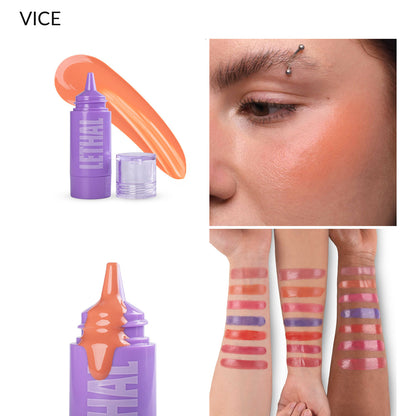 Vice peach liquid blush, bottle and cheek swatch alongside the seven-shade arm swatch chart