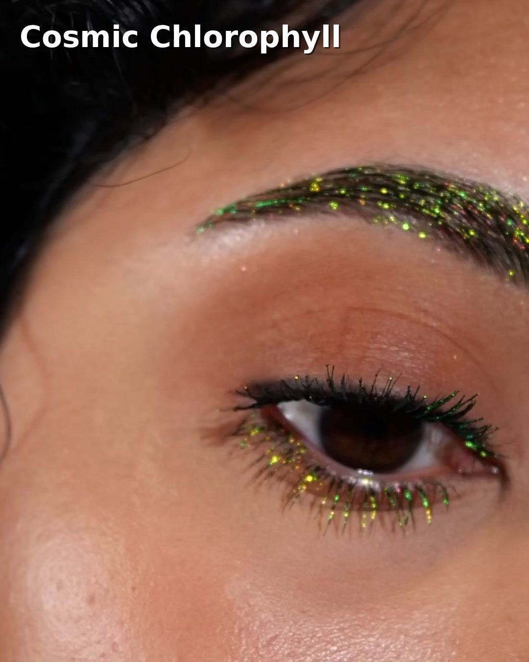 Cosmic Chlorophyll mascara topper product video, shade name top left