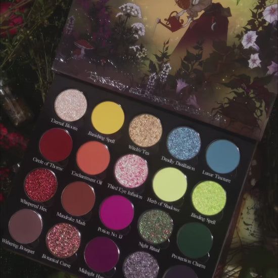 Video: all 20 shades swatched on a deep-skin arm beside the palette and its cover.