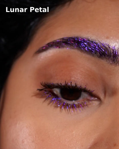 Lunar Petal mascara topper product video, shade name top left