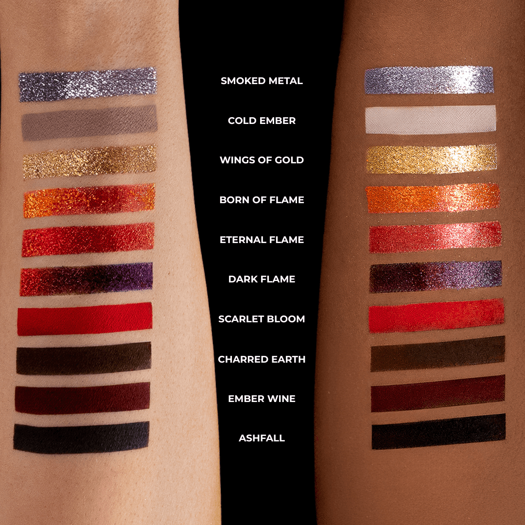 All ten shades swatched as stripes on a light and a deep forearm, shade names down the centre from Smoked Metal to Ashfall.