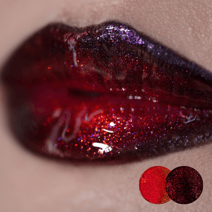 Glossy lips fading from red to deep plum with sparkle, red and dark red sparkle shade dots in the corner.