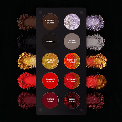 Open palette from above, ten pans in two columns with shade names printed on each and crushed powder of every shade on either side.