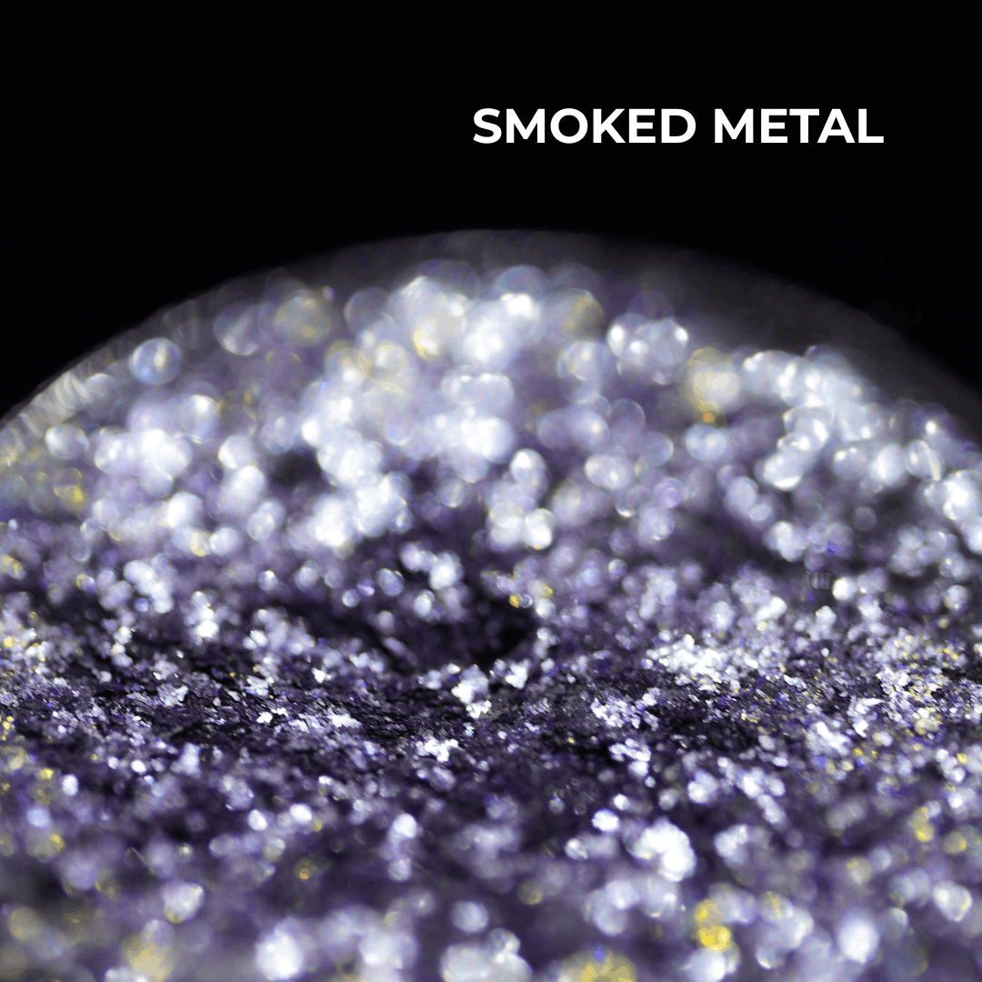 Smoked Metal pan macro: silver and lilac sparkle, shade name in white type at the top.