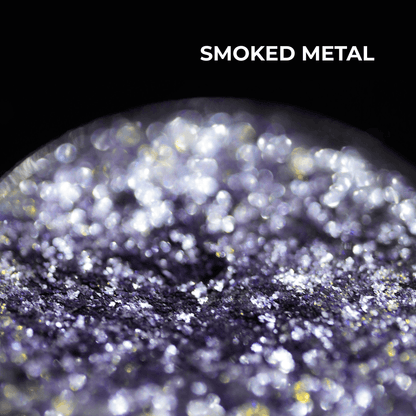 Smoked Metal pan macro: silver and lilac sparkle, shade name in white type at the top.