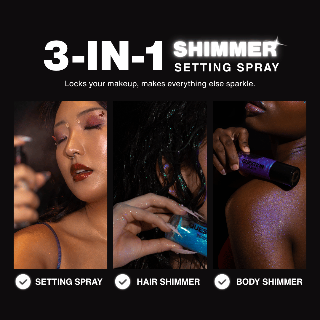 3-in-1 graphic with three models showing the spray used as a setting spray, a hair shimmer and a body shimmer.