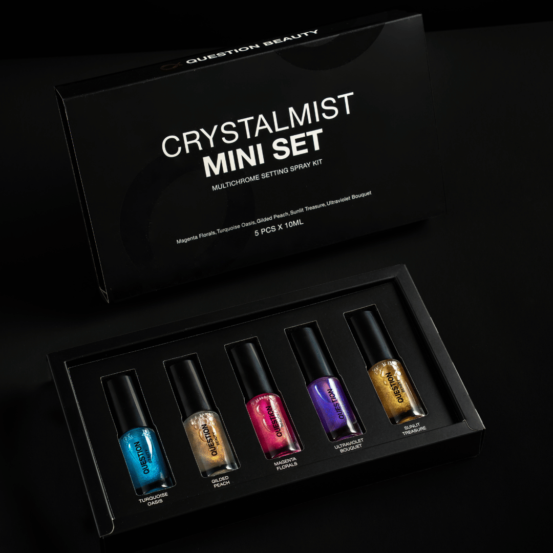 Question Beauty CrystalMist mini set box open, five 10 ml shimmer setting spray bottles in teal, peach, pink, purple and gold in a black tray.