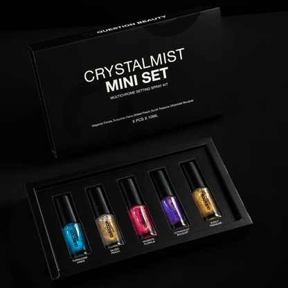 Question Beauty CrystalMist mini set box open, five 10 ml shimmer setting spray bottles in teal, peach, pink, purple and gold in a black tray.