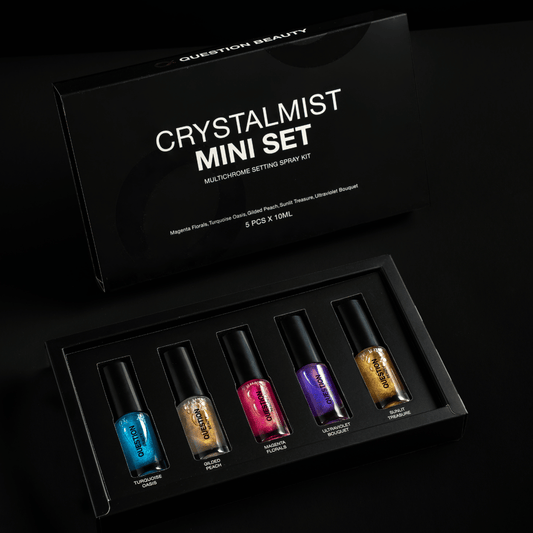 Question Beauty CrystalMist mini set box open, five 10 ml shimmer setting spray bottles in teal, peach, pink, purple and gold in a black tray.