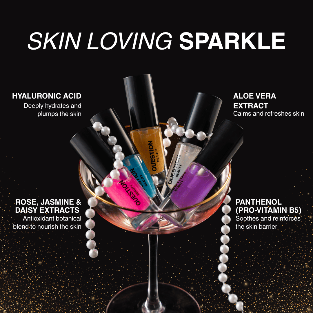 Five mini bottles in a coupe glass with pearls, ringed by callouts for hyaluronic acid, aloe vera, panthenol and rose, jasmine and daisy extracts.