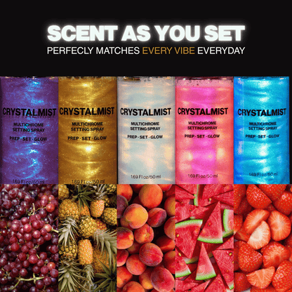 CrystalMist line shot: five full-size 50 ml bottles above grapes, pineapple, peaches, watermelon and strawberries, pairing each shade with its scent.
