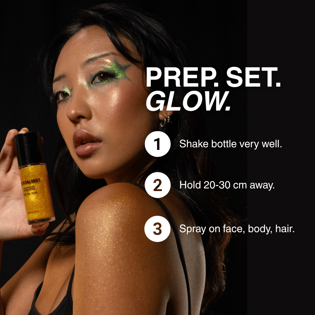 Model with green shimmer eye art holding a gold CrystalMist bottle beside prep, set, glow steps: shake well, hold 20-30 cm away, spray.