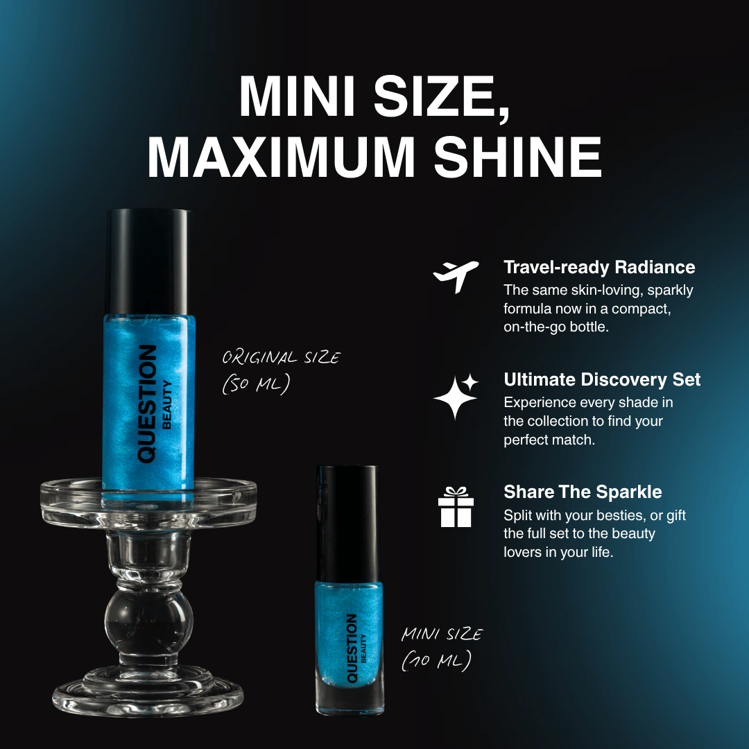 Size comparison graphic: a 50 ml original CrystalMist bottle beside the 10 ml mini, both teal, with travel and gifting notes.