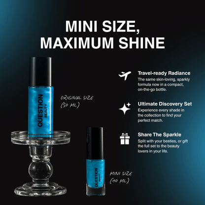 Size comparison graphic: a 50 ml original CrystalMist bottle beside the 10 ml mini, both teal, with travel and gifting notes.